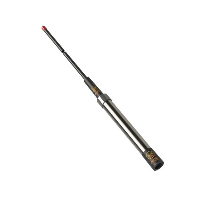 A black and silver telescopic stick with gold branding and a small red tip