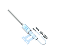 A white and silver marine electronic device with a long antenna, a mounting bracket, and several metal connector fittings
