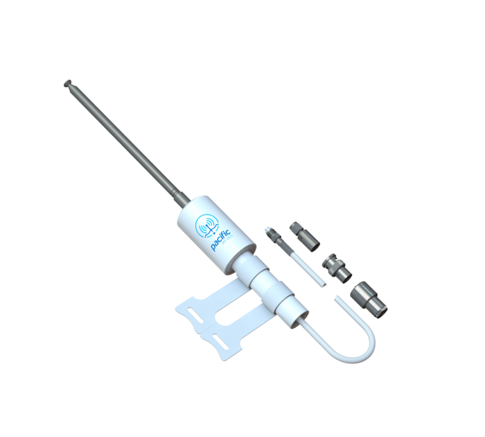 A white and silver marine electronic device with a long antenna, a mounting bracket, and several metal connector fittings