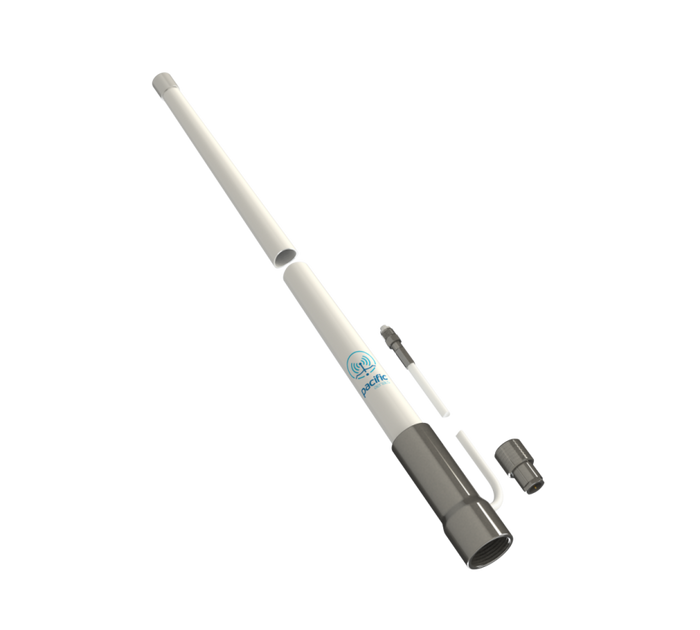 A white and dark gray telescopic pole kit with a small blue logo, shown disassembled