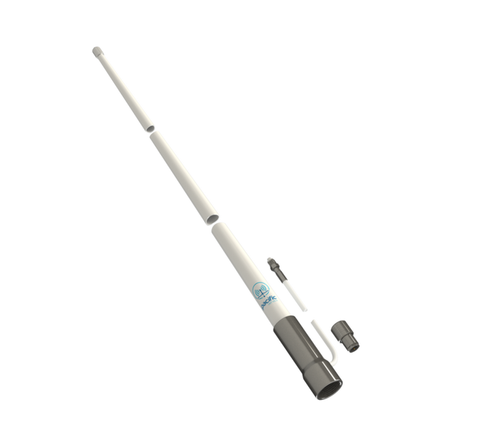A white telescopic pole with a dark gray metal cap and several small accessories