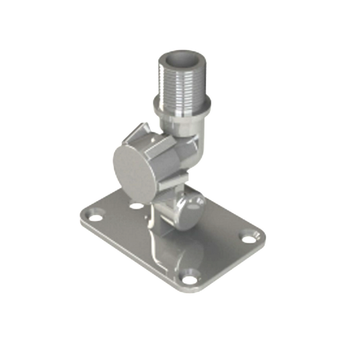 A silver metal mounting bracket with a threaded pipe connector and a round adjustment knob