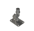 A gray metal mounting bracket with a threaded pipe connector and a circular adjustment knob