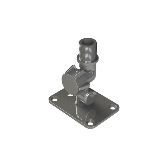 A gray metal mounting bracket with a threaded pipe connector and a circular adjustment knob