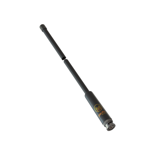 A black telescopic antenna with a gold circular logo near the base
