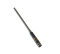 A black and gray telescopic baton with a gold logo, shown