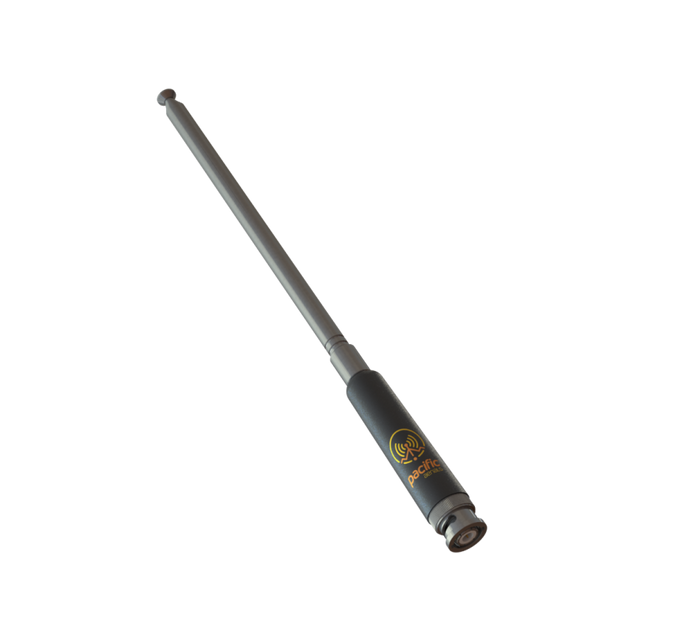 A black and gray telescopic baton with a gold logo, shown