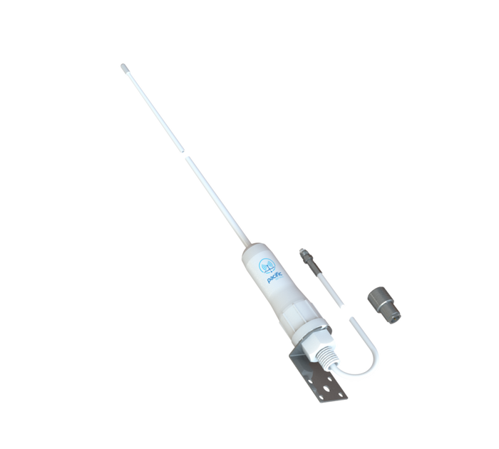 A white marine VHF antenna with a long whip, a white plastic sleeve, a metal mounting bracket