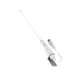 A white marine electronic device with an adjustable antenna, a mounting bracket, and a small secondary component