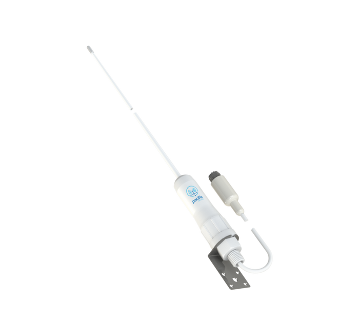 A white marine electronic device with an adjustable antenna, a mounting bracket, and a small secondary component