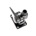 A black plastic and metal water filter assembly with a lever handle and threaded connection