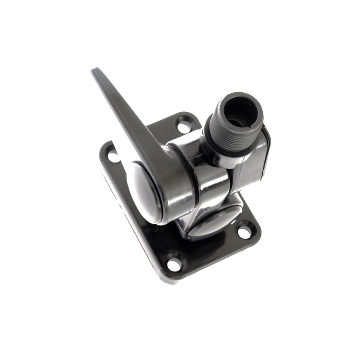 A black plastic and metal water filter assembly with a lever handle and threaded connection