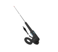 A black handheld fishing rod and reel combo with a long thin rod, a separate reel, and a small black connector piece