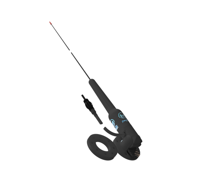 A black handheld fishing rod and reel combo with a long thin rod, a separate reel, and a small black connector piece