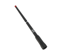 A black telescopic antenna with a red tip and white printed logo