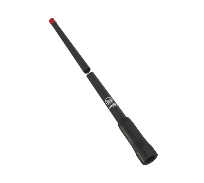 A black telescopic antenna with a red tip and white printed logo