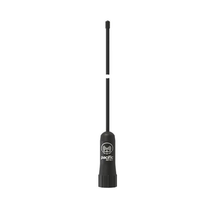 A black Pacific Wireless handheld antenna with a long whip and a white band near the top