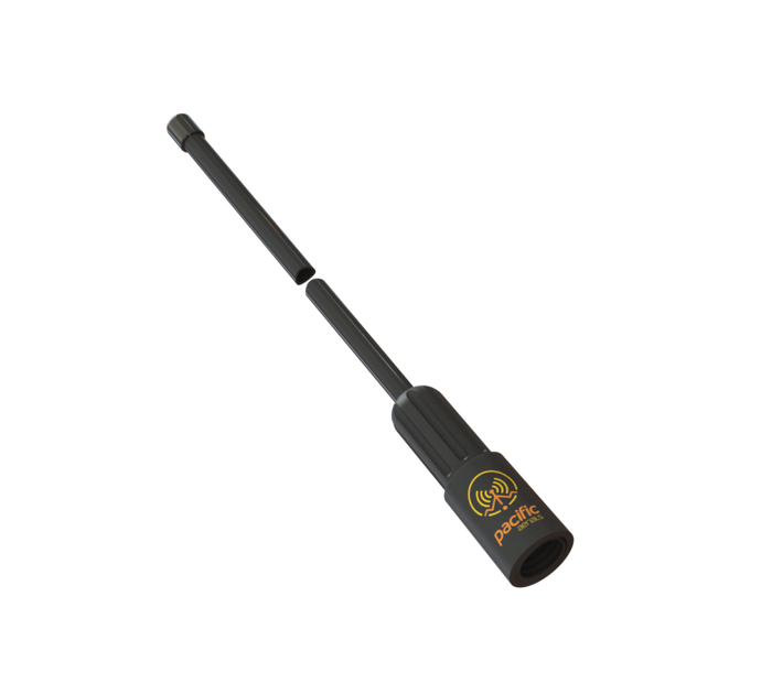 A black telescopic wand-style tool with a yellow and orange logo near the base