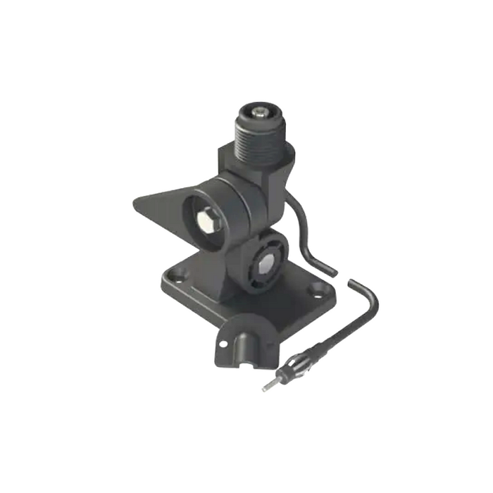 A black metal mounting bracket assembly with a threaded top post, two circular mounting rings
