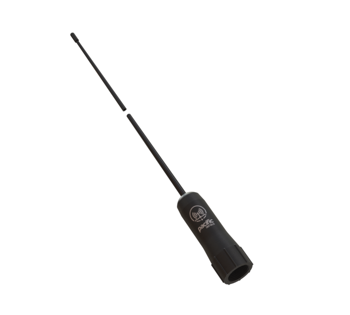 A black outdoor whip antenna with a telescopic design, featuring a cylindrical base with a visible 'PRO-TEK' logo
