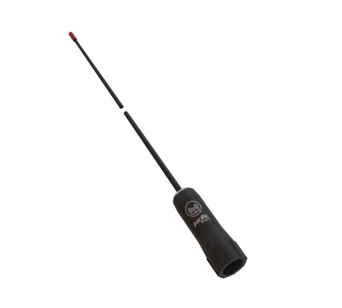 A black marine VHF antenna with a split whip design, featuring a small red tip