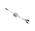 An industrial fiber optic coupler with a white housing and gray connectors