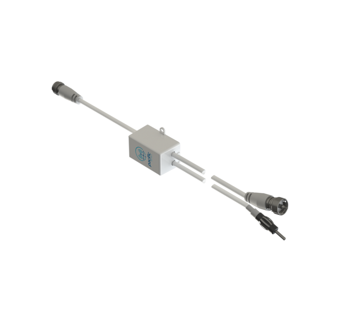 An industrial fiber optic coupler with a white housing and gray connectors