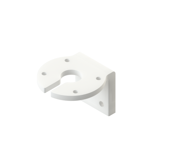 A white plastic or metal bracket with a circular cutout and mounting holes