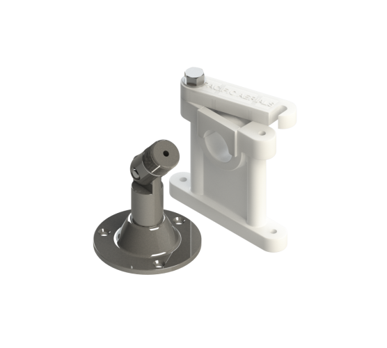 A 3D render of a marine electronic component, likely a marine VHF antenna mount or receiver, featuring a white plastic bracket