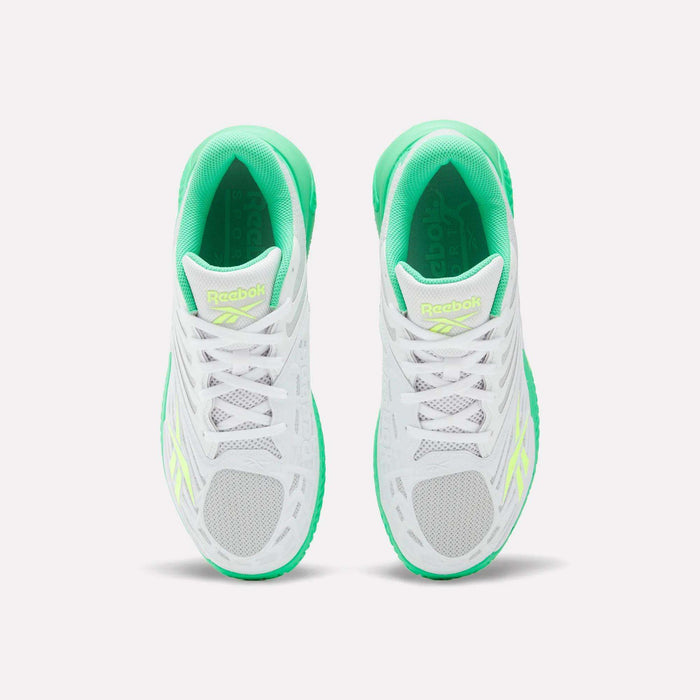 Top view of Reebok Phase EVO Tennis Shoes in white with neon green accents, mesh fabric, laces, and the Reebok logo on the tongue, shown on a white background.