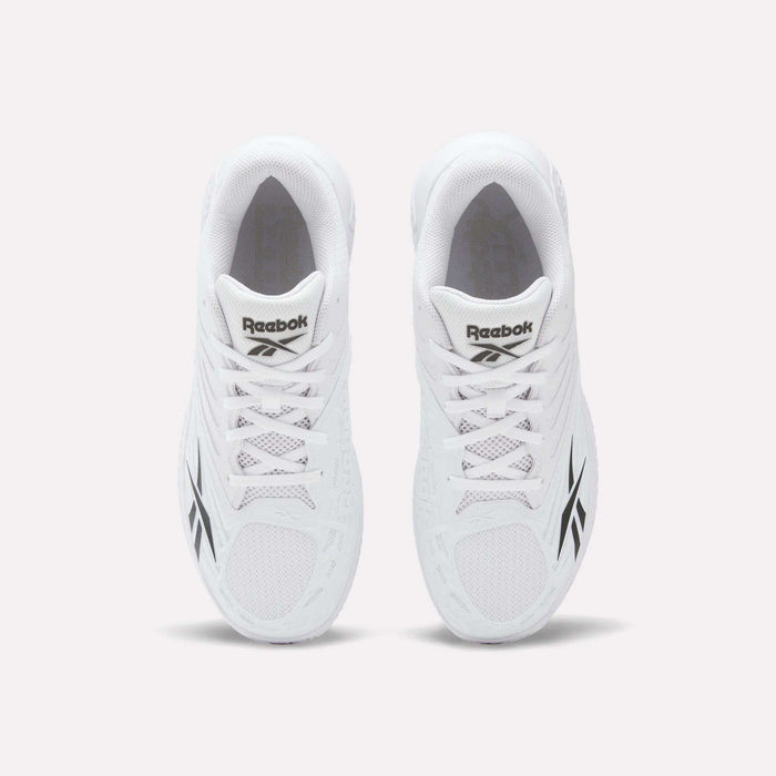 Top view of a pair of Reebok Phase EVO Tennis Shoes in white with black Reebok logos on the sides and tongue, displayed side by side on a plain white background.