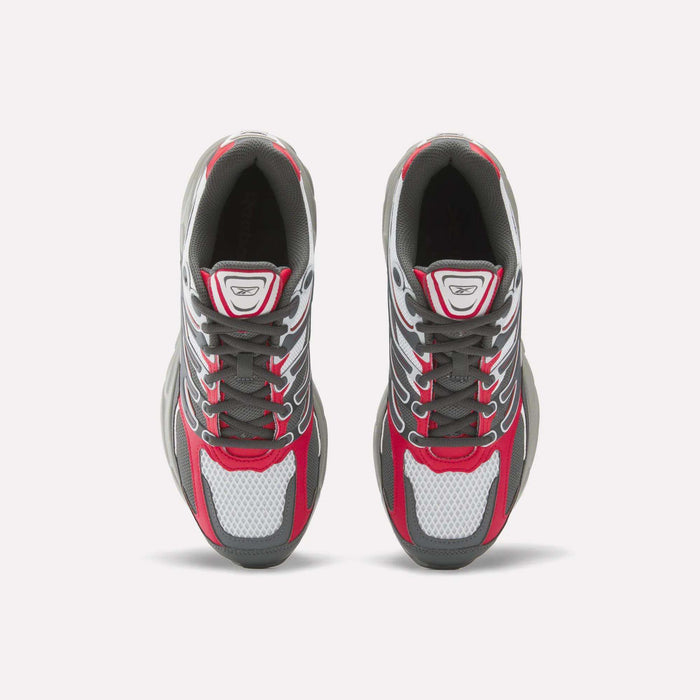 The Reebok Premier Road Control Shoes, shown from above, feature gray, white, and red colors with white mesh toes and gray laces on a plain white background.