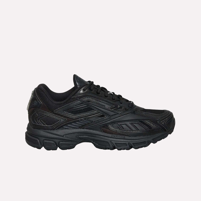 The Reebok Premier Road Ultra is a black running sneaker with a mesh and synthetic upper, detailed stitching, black laces, and a thick dual-density midsole for comfort—shown in side profile.