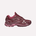 The Reebok Premier Road Ultra Shoes feature a maroon mesh upper with pink accents, silver detailing, and laces. A thick textured sole offers comfort and stability, making them ideal for running or casual wear.