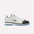 The Reebok Question Golf Shoes feature a white and black low-top design with blue sole accents, crafted from full grain leather and adorned with the Reebok logo, highlighting premium style against a plain light background.