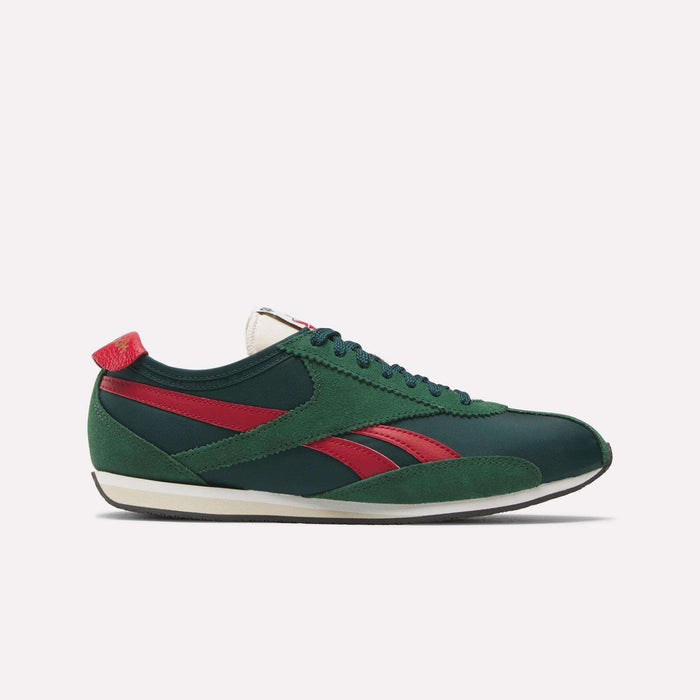 The Reebok R400 Shoes feature a green upper with red and black accents, a white midsole, black outsole, red heel tab, and green laces in a retro low-top design, displayed against a plain white background.