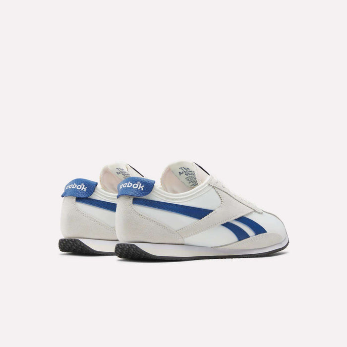 A pair of Reebok R400 Shoes in white with blue stripes and accents, black soles, shown from the back and side against a plain white background.