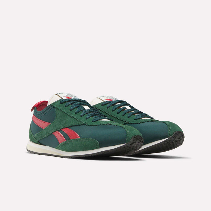 The Reebok R400 Shoes feature a green retro design with red stripes, white midsoles, black outsoles, and white tongue labels, shown on a plain white background.