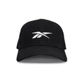 The Reebok Range Cap is a black baseball cap with a curved brim and a white Reebok logo on the front, shown from the front on a plain white background.