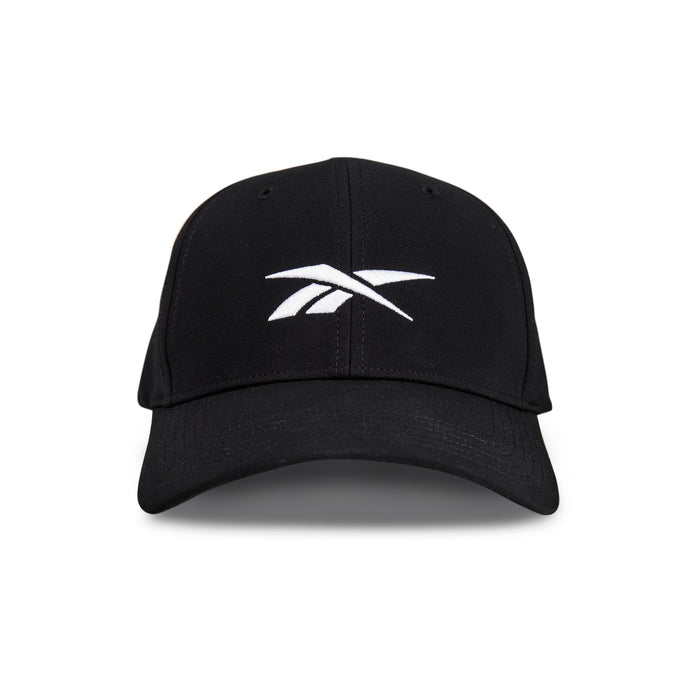 The Reebok Range Cap is a black baseball cap with a curved brim and a white Reebok logo on the front, shown from the front on a plain white background.