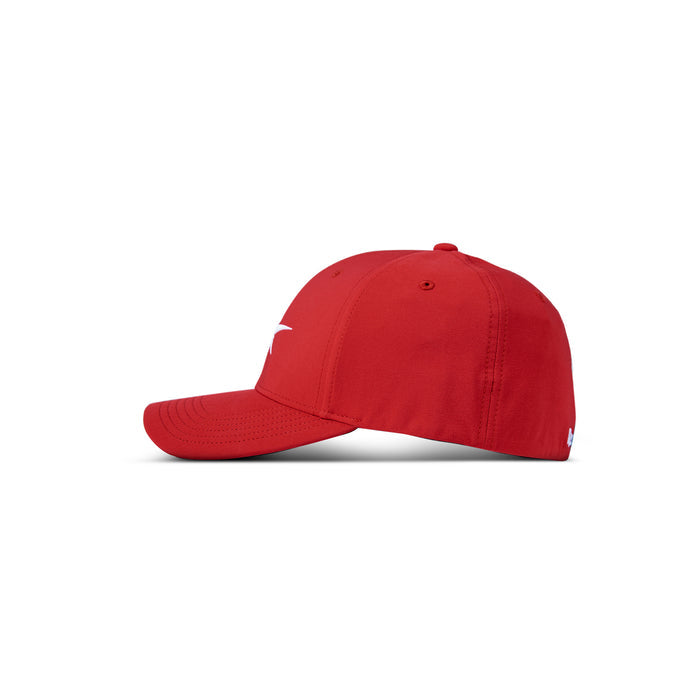 The Reebok Range Cap is a vibrant red baseball cap displayed from the side on a white background, featuring visible stitching and a curved brim for sun protection.