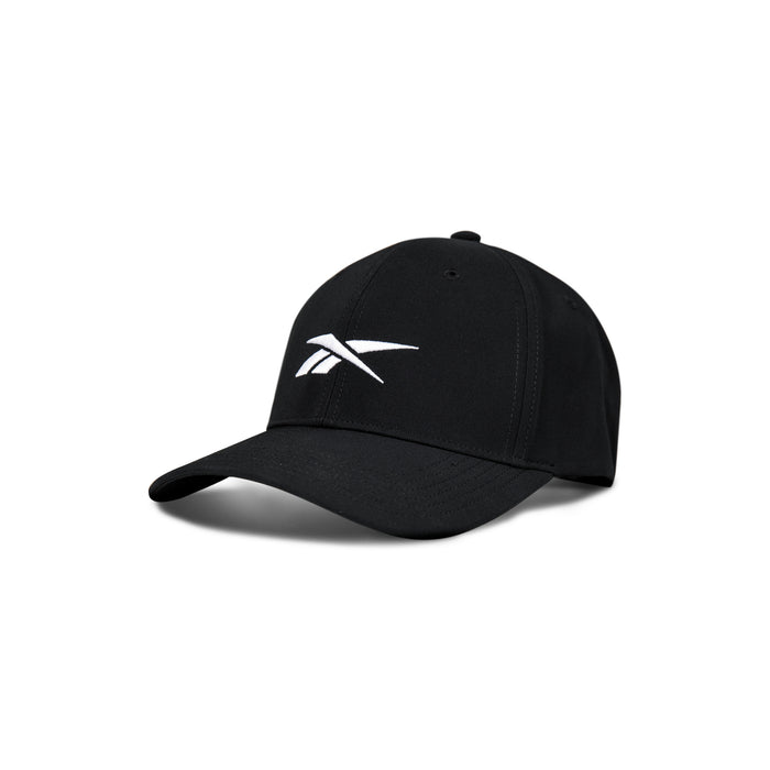 The Reebok Range Cap is a black baseball cap with a white Reebok logo on the front, shown on a white background.