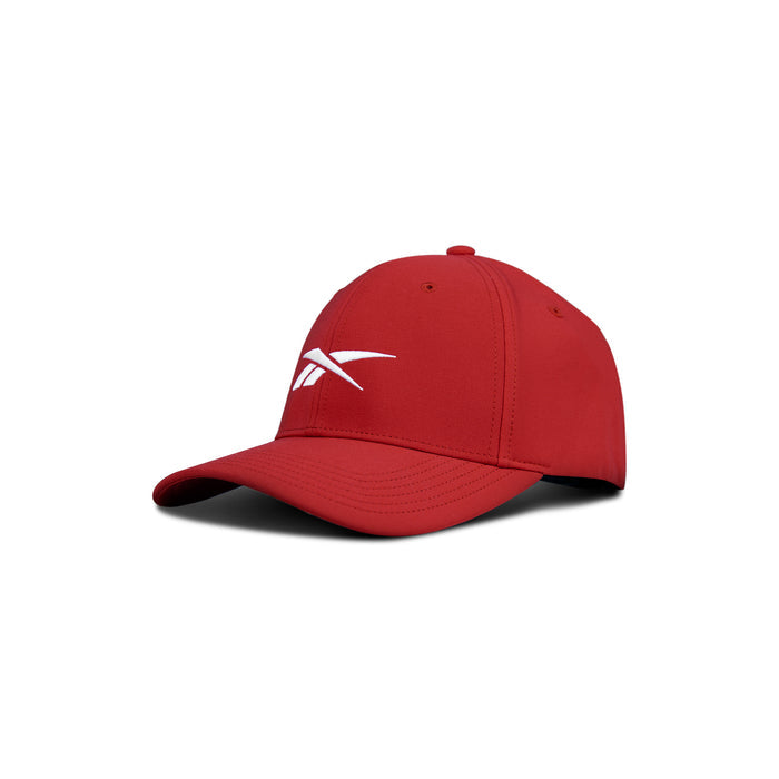 The Reebok Range Cap is a red baseball hat with a curved brim and an embroidered white logo, offering sun protection and moisture-wicking comfort for active outdoor days.
