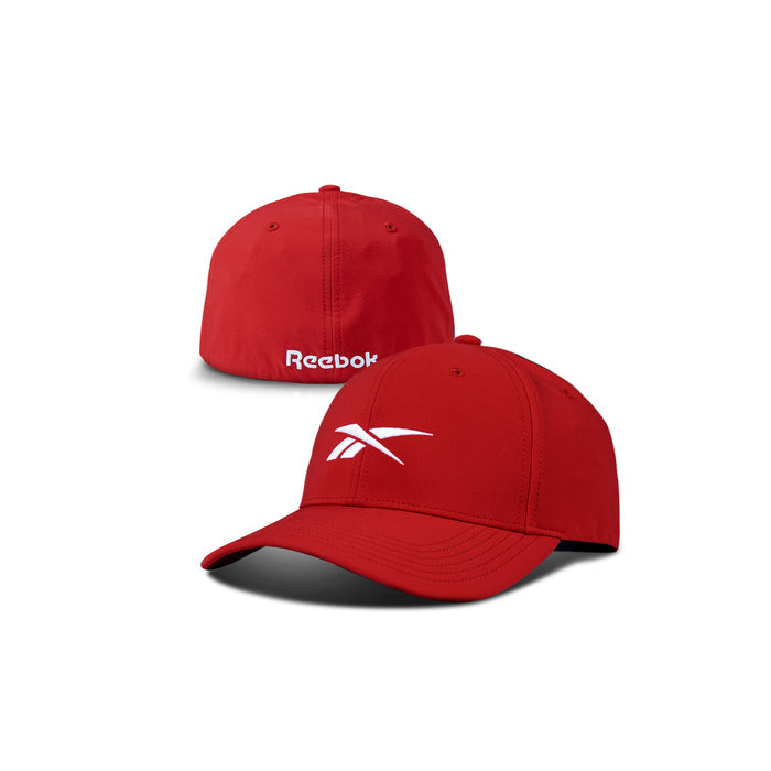 The Reebok Range Cap is a red golf hat shown from the front and back. The front has a white Reebok logo, and the back features "Reebok" in white text, providing stylish sun protection on or off the course.
