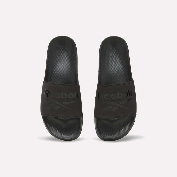 A pair of RBK Fulgere Swim Slides by Reebok in black, featuring the brand’s signature logo on the straps, displayed side by side on a plain white background.