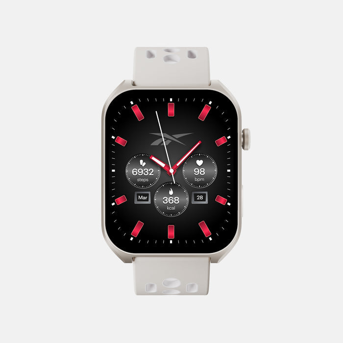 The Reebok Icon Smartwatch by Reebok, featuring a white band and black face, displays 6,932 steps, 98 bpm heart rate, 368 calories burned, and the Mar 28 date. Red markers and hands add to its sporty display.