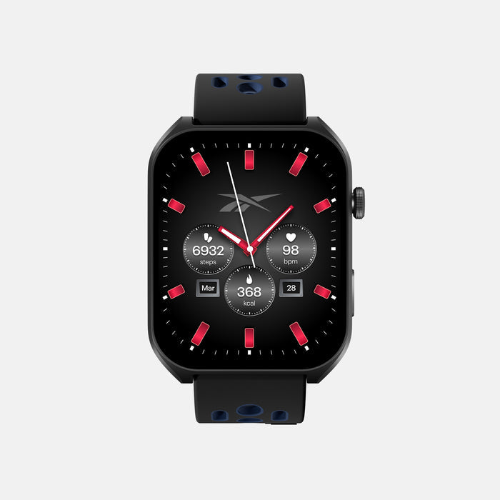 The Reebok Icon Smartwatch features a black rectangular display showing time, steps, heart rate, calories, and date. Red accents and a black strap with blue holes create a sporty look—ideal for athletic tracking on a light gray background.