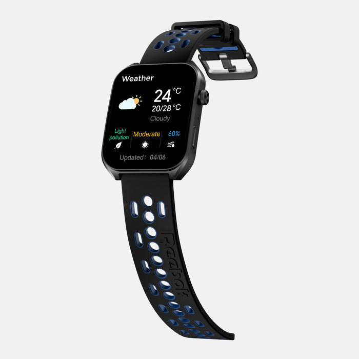 The Reebok Icon Smartwatch by Reebok features a black design with a blue-accented perforated strap. Its display shows weather (24°C, cloudy, light pollution, moderate humidity) and an update time—ideal for tracking your workouts.