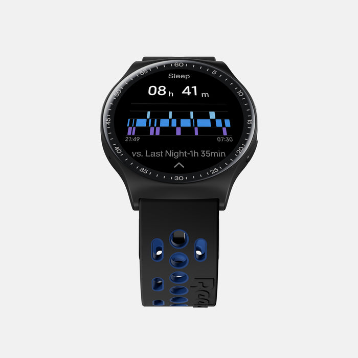 The Reebok Pulse Smartwatch by Reebok shows 8 hours and 41 minutes of sleep tracking on a bar graph. Its black strap with blue accents makes it ideal for all-in-one fitness and sleep monitoring.