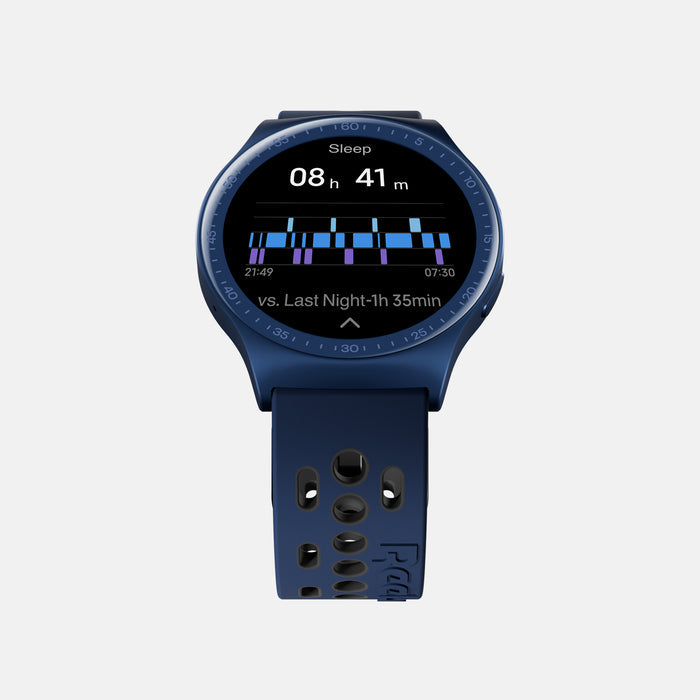The Reebok Pulse Smartwatch by Reebok displays a sleep tracking screen with 8 hours and 41 minutes of sleep, a bar graph for sleep stages, and a comparison to the previous night’s duration for advanced fitness tracking.